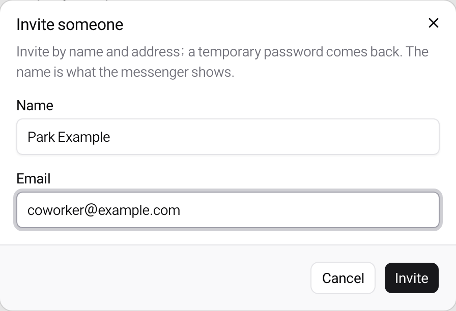 The invitation dialog filled in with sample values