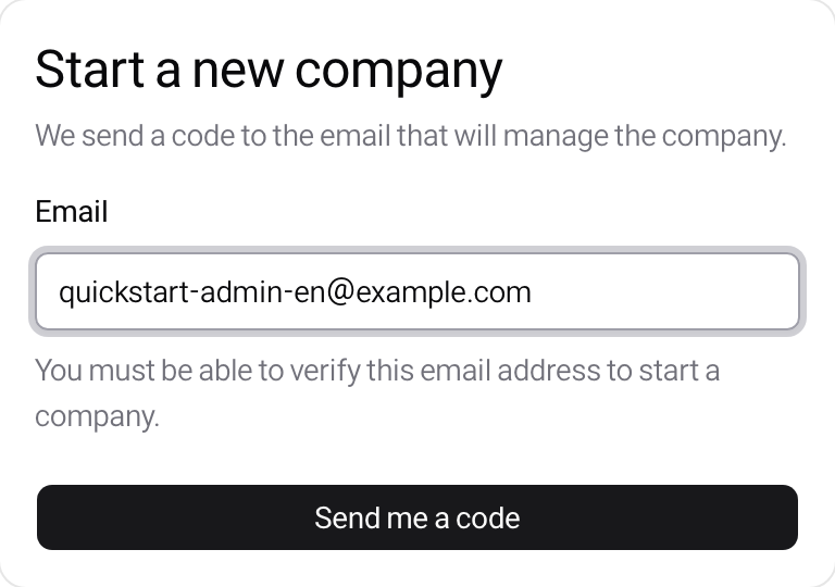 The company sign-up page with a sample administrator address